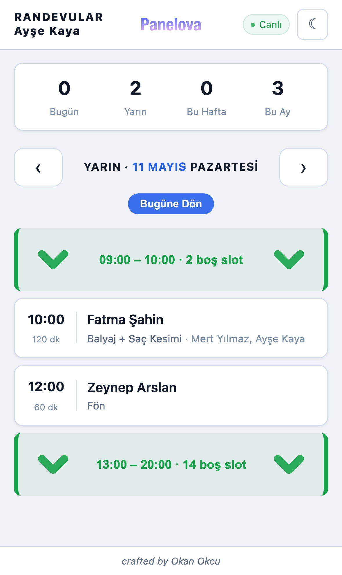 Personel PWA mobil — Ayşe Kaya'nın randevuları