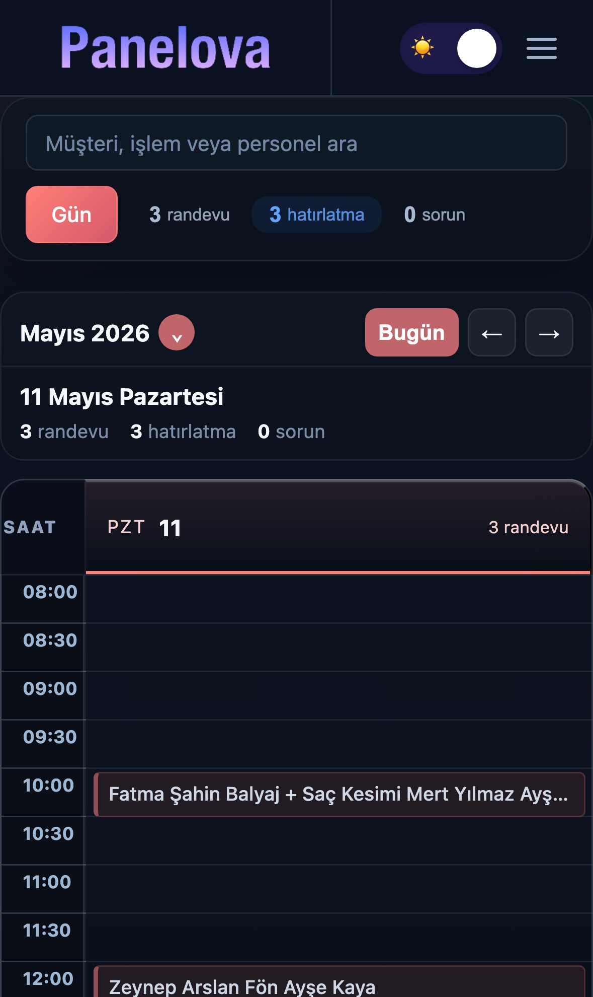 Panelova mobil takvim (koyu mod) — telefonda da yönetilebilir